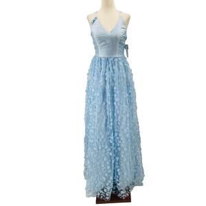 BCX SZ 1 Juniors ice blue 3d floral backless maxi formal dress NWT 0B7 *flaw